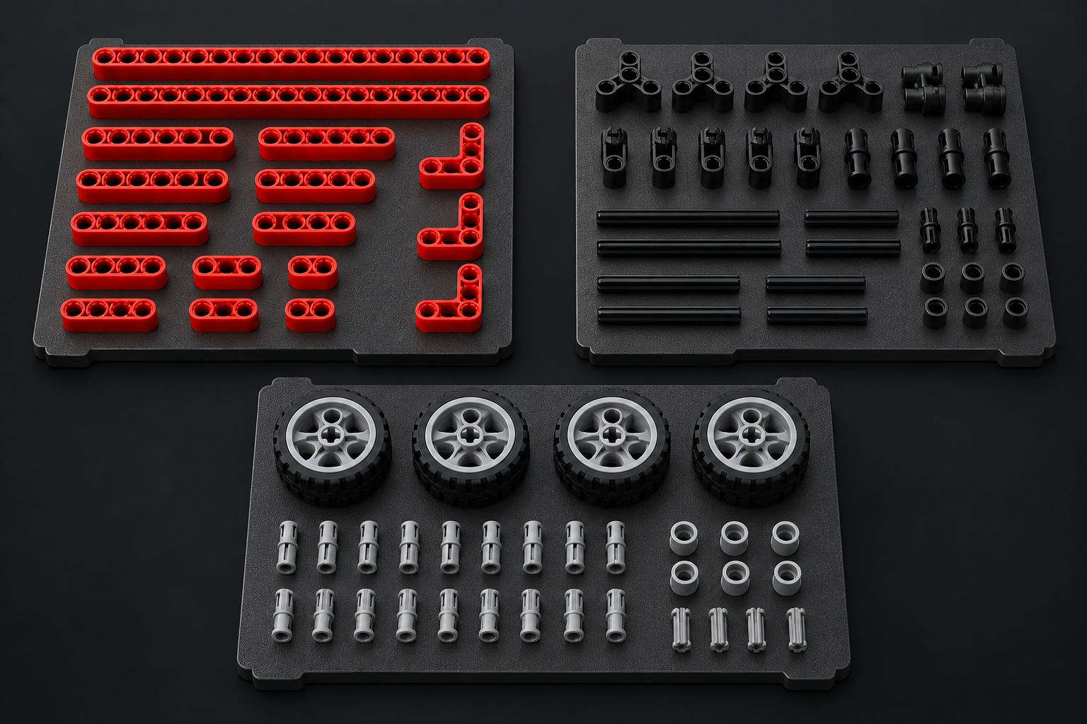 Illustration of red beams, black connectors and grey wheels arranged on three separate print plates